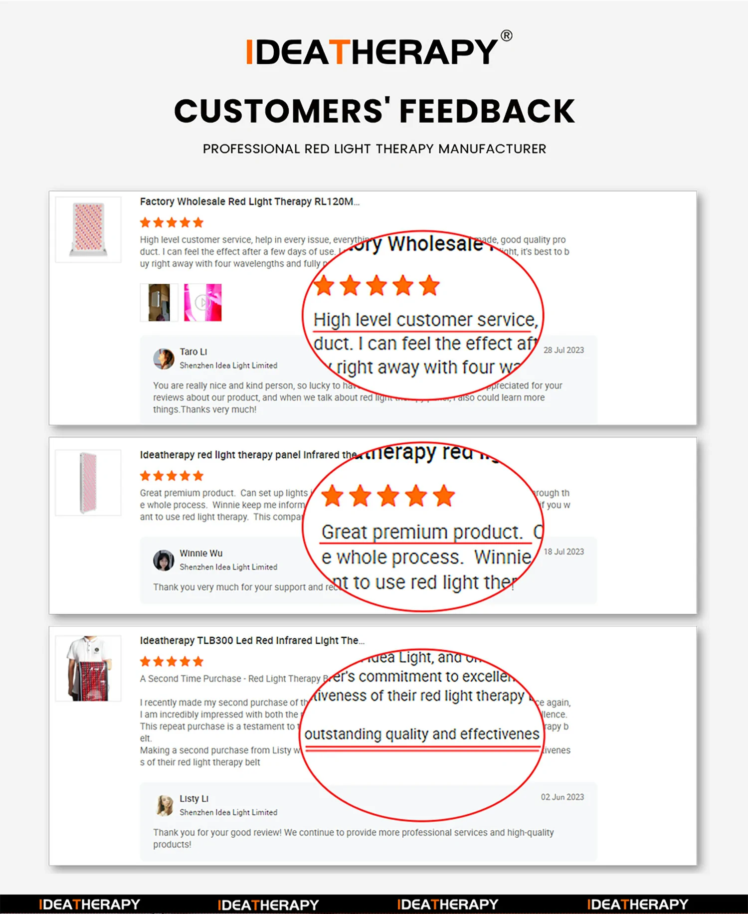 Customer feedback examples for IDEATHERAPY red light therapy products