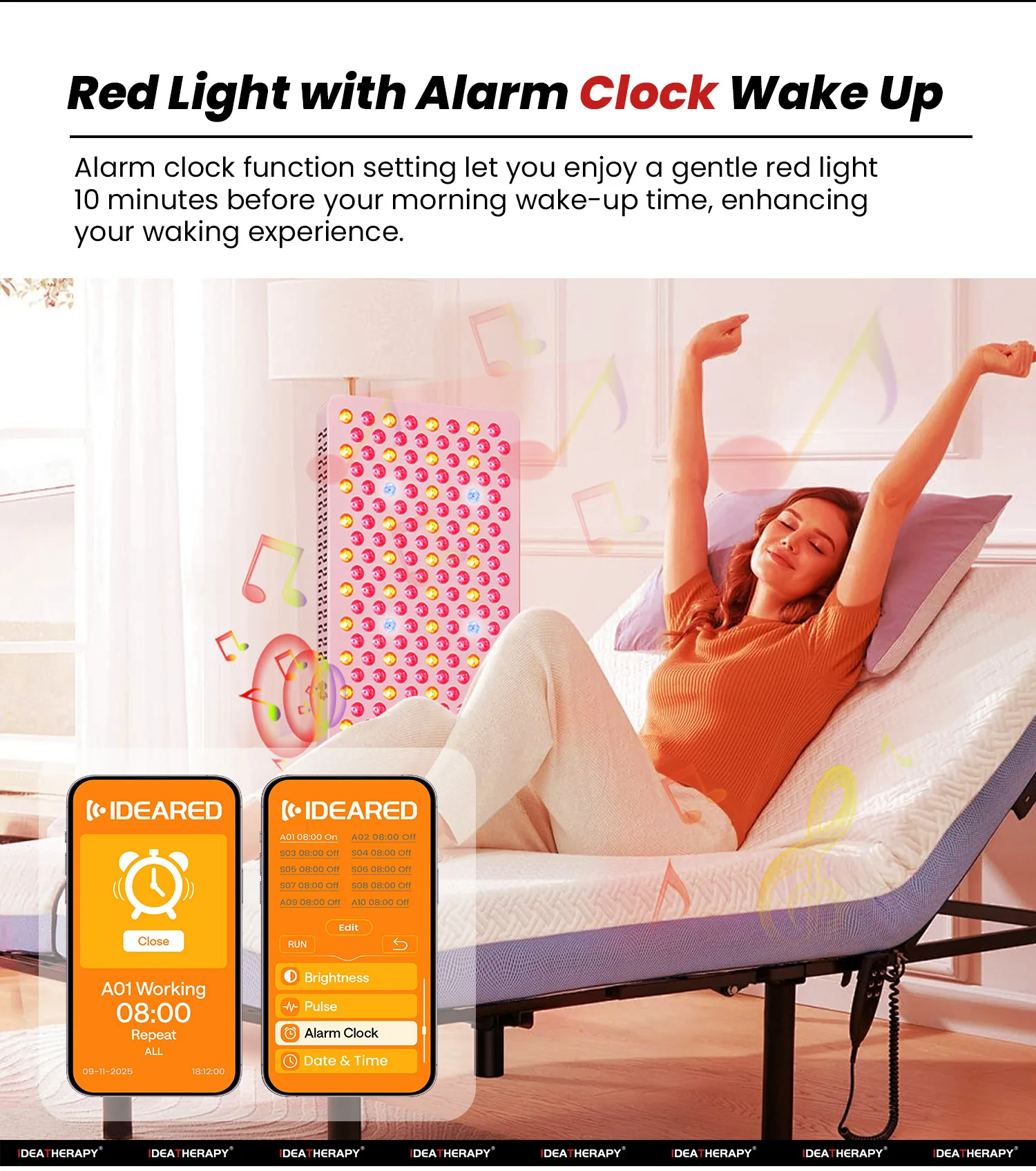 Wake-up alarm clock function shown with the red light music therapy panel