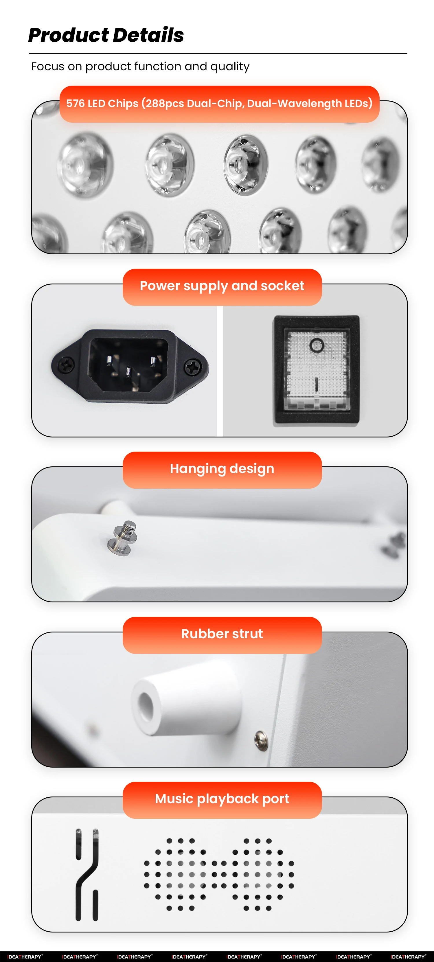 576 LED chips, power inlet, hanging hardware and music playback speaker detail