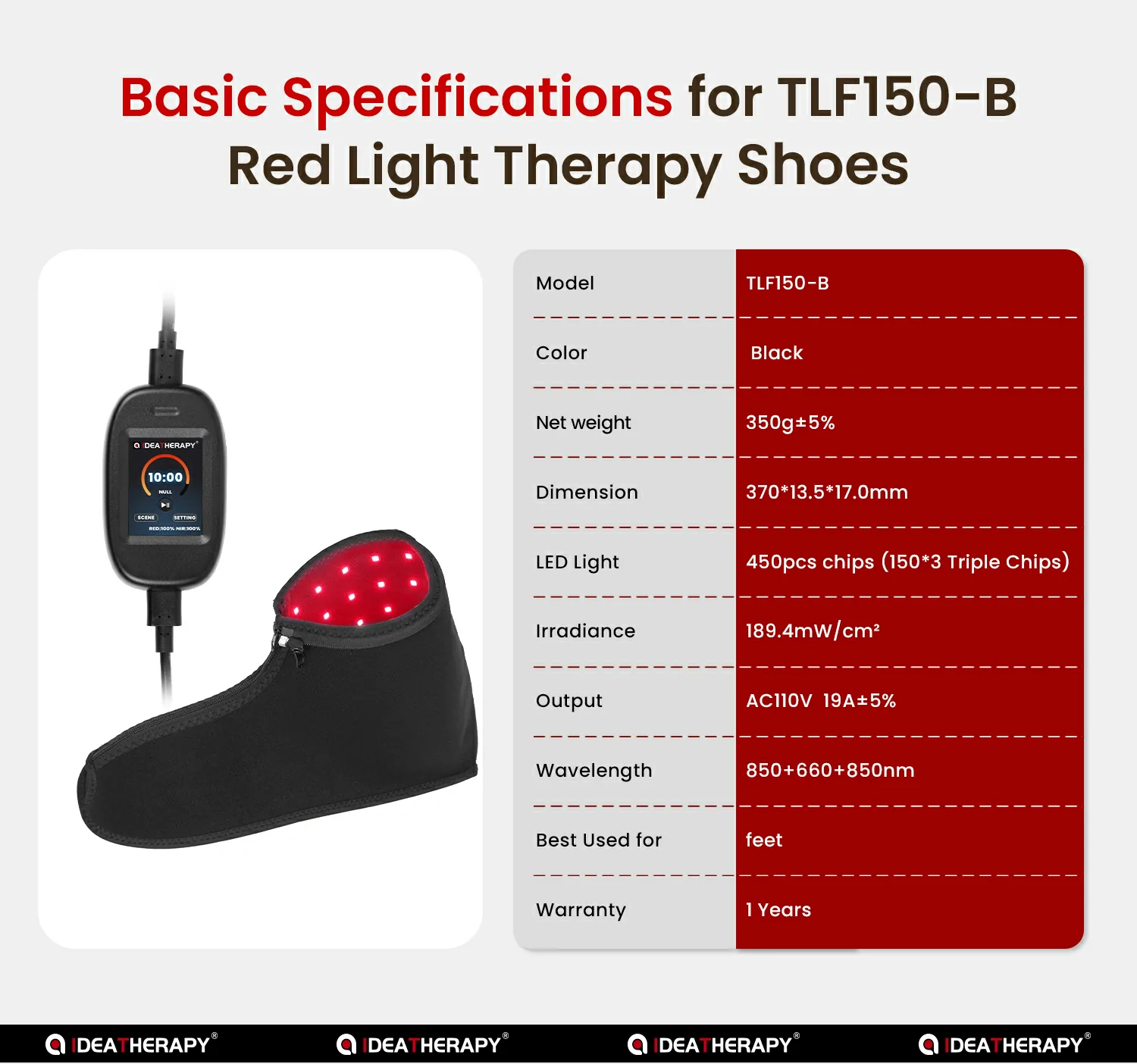 TLF150-B red light therapy shoe technical specifications